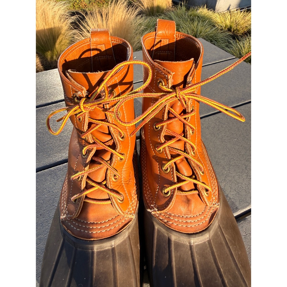 Vintage LL Bean USA Maine Hunting Shoes 13 N Duck Boots Tan Brown Leather Rubber
